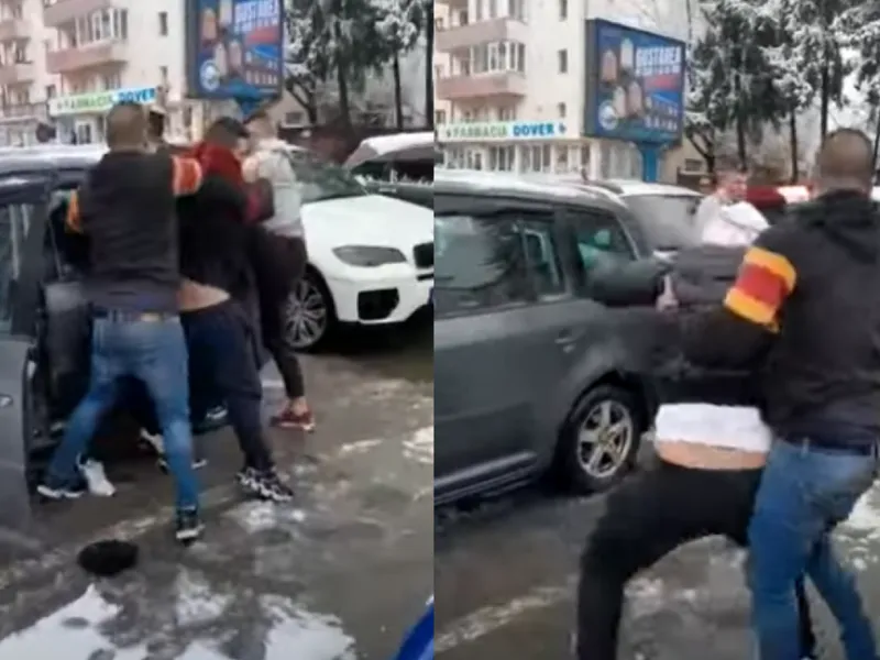 Un jandarm a fost luat la bătaie și i-a fost distrusă mașina după o șicanare în trafic - FOTO: Captura video