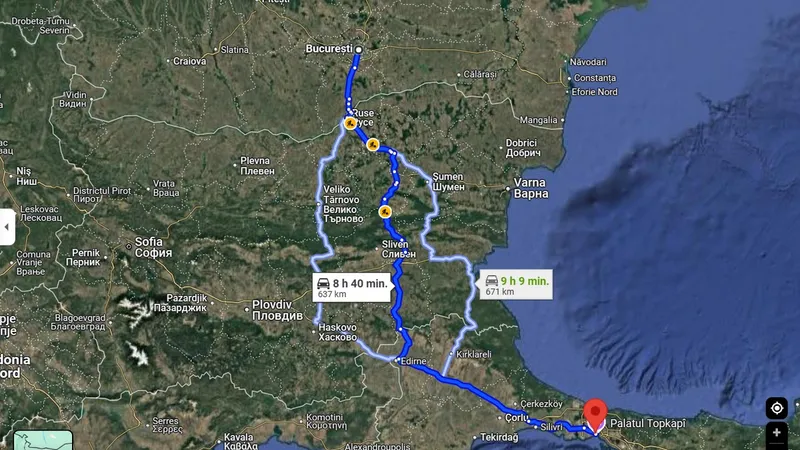 Trenurile CFR „zboară” către Bulgaria și Turcia: Varna – 11h, Istanbul – 24h. Cu mașina, 4h sau 9h - Foto: Google Maps