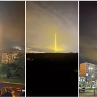 Stranii stâlpi de lumină pe cerul orașului Belgorod/foto: Twitter