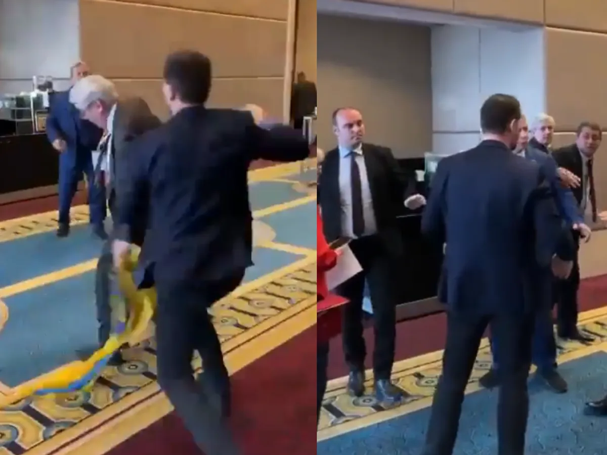 Bătaie la „costum” între delegațiile Rusiei și Ucrainei. S-au aruncat pumni „bine plasați” - Foto: Twitter/ @officejjsmart