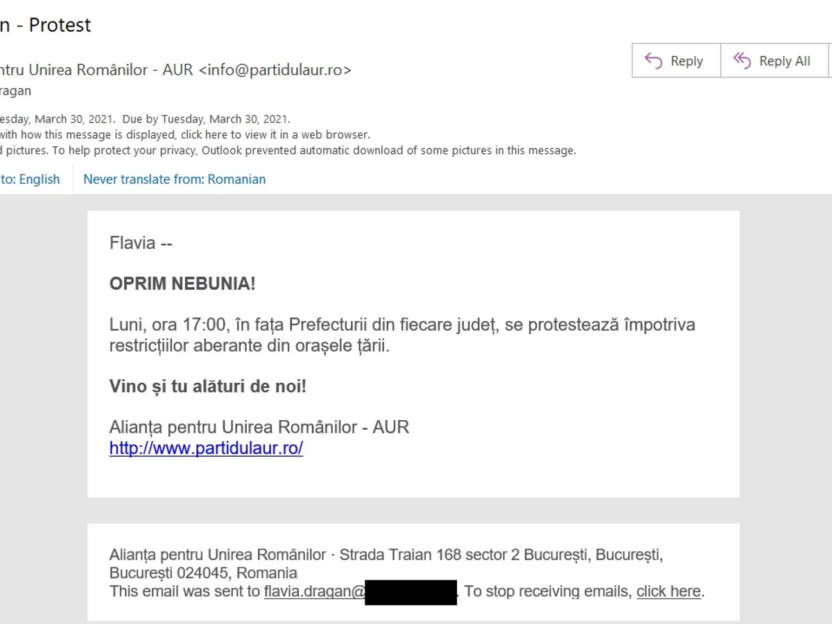 Emailul de la AUR primit de reporterul Newsweek România