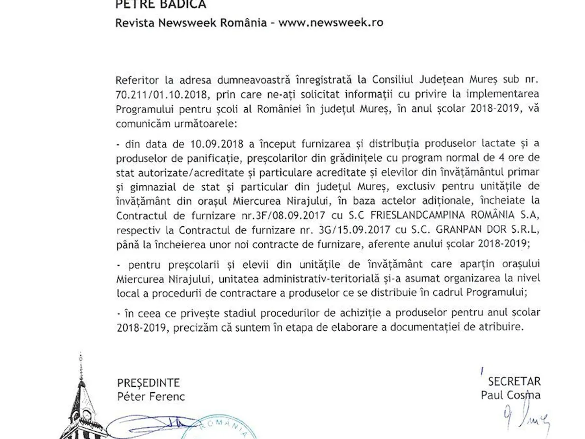 Răspunsurile comunicate către Newsweek România privind situația Programului pentru Școli ale autorităților județene din Mureș ...
