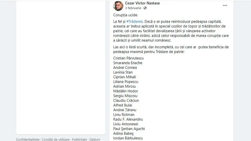 Postarea simpatizantului AUR care îndeamnă la omorârea intelectualilor. Sursa: Facebook