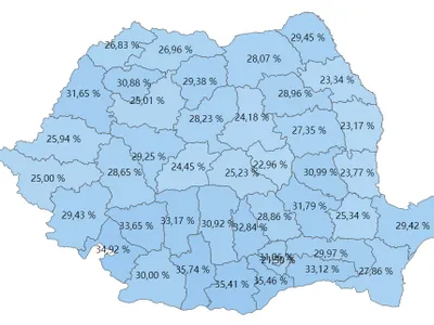 Prezența la vot pe județe, la ora 15.00. Sursa: BEC