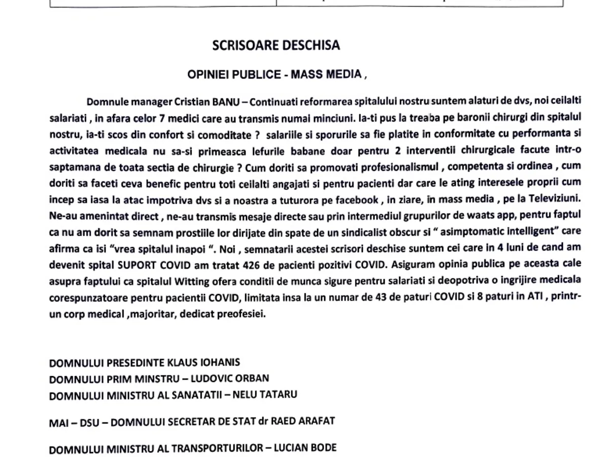 Prima pagină a scrisorii deschise în care un grup de angajați de la Witting îl susțin pe managerul Cristian Banu. în fața acuzațiilor aduse de chirurgii spitalului. Sursa: Scrisoarea deschisă remisă redacției Newsweek