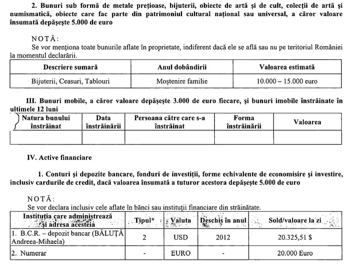 Captură foto din declarația de avere a lui Daniel Băluță. Sursa: ANI