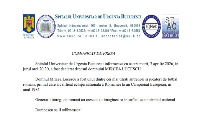 Anunț spital deces Mircea Lucescu