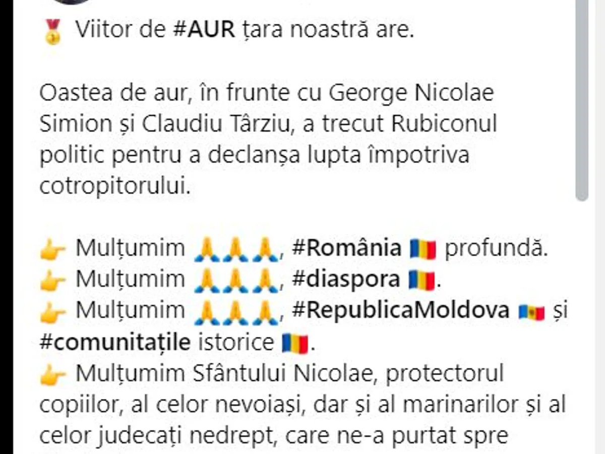 Postare pe Facebook a simpatizantului/membrului AUR. SUrsă: Facebook