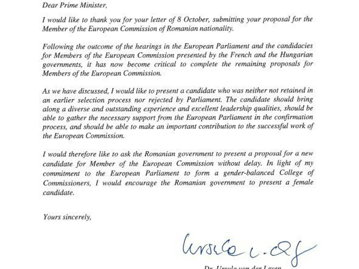 Scrisoarea Ursulei von der Leyen către Viorica Dăncilă