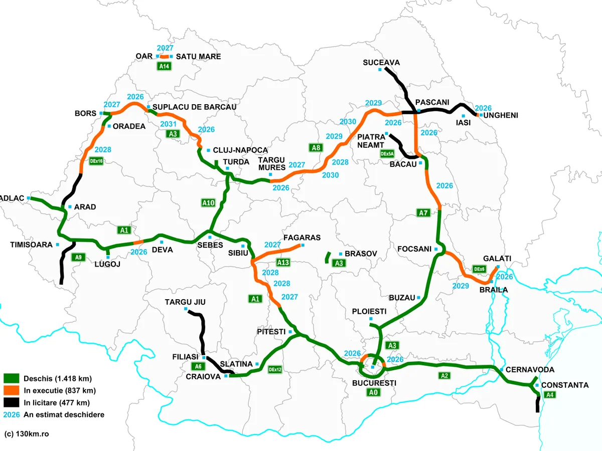 Harta autostrazilor si drumurilor expres deschise, aflate in lucru sau in licitare la finalul anului 2025 - Foto: 130km.ro