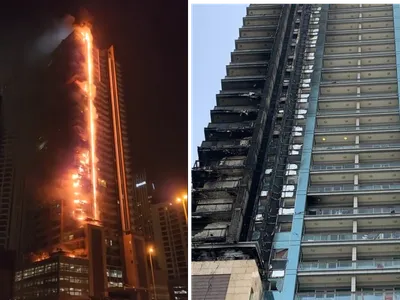 Incendiu de proporții la un zgârie-nori de 35, lângă cea mai înaltă clădire de pe planetă - FOTO: Twitter/CyberRealms1