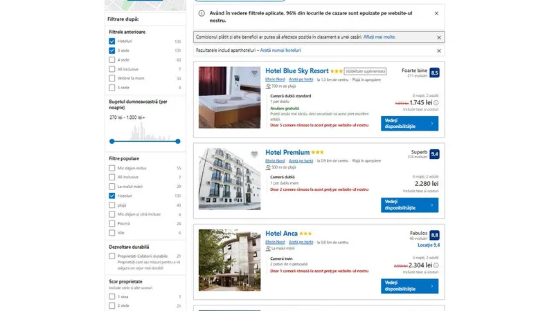 Hotelierii de pe Litoral au „înghețat” prețurile. Nu au turiști, gradul de ocupare e sub 70% - Foto: captură ecran booking.com