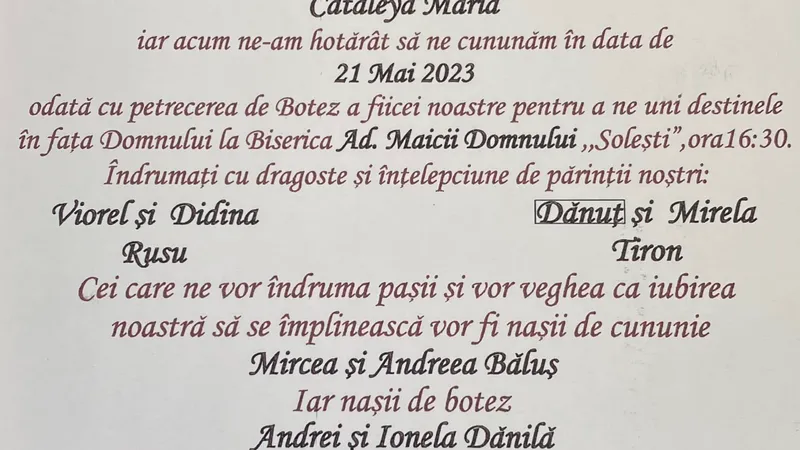 Invitația la nuntă în care este anunțat Mircea Nebunu ca naș de cununie Foto: Facebook/Andrei Bogdan
