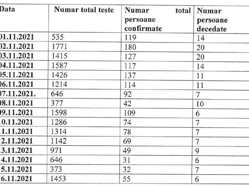 Situația cazurilor noi, testelor și deceselor de COVID în luna noiembrie. Sursa: DSP Suceava, pentru Newsweek România