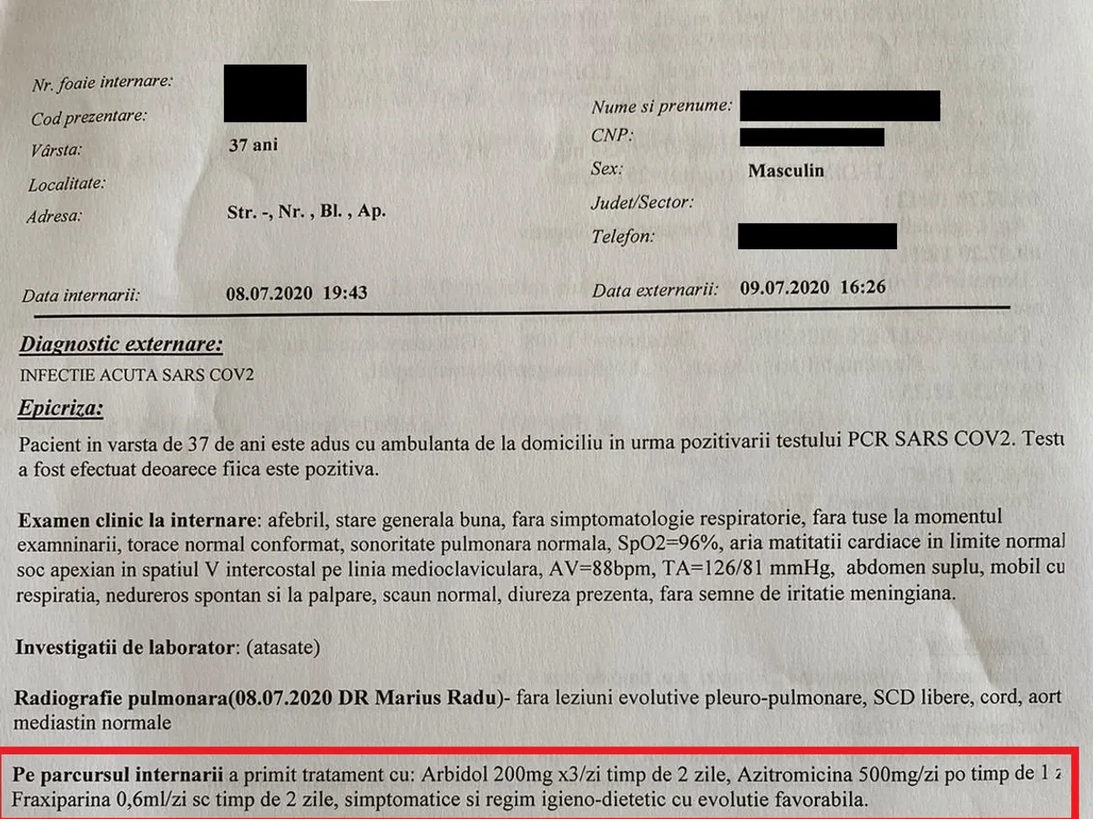 Bilet externare al unui pacient de la Institutul Matei Balș