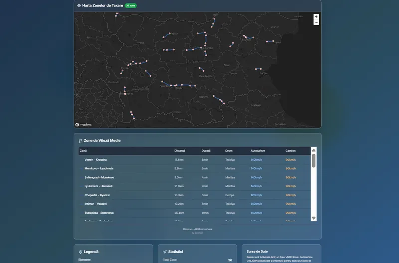 Harta zonelor cu radare fixe de viteză medie &icirc;n Bulgaria - Foto: captură video / tolltracker.eu