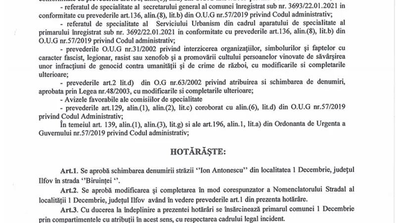 Hotărârea CL a comunei 1 Decembrie prin care se schimbă numele străzii Ion Antonescu. Sursa imagine: Institutul Elie Wiesel