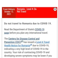 Alertă de călătorie „Level 4” în SUA: Nu călătoriți în România din cauza COVID-19. / Foto: travel.state.gov