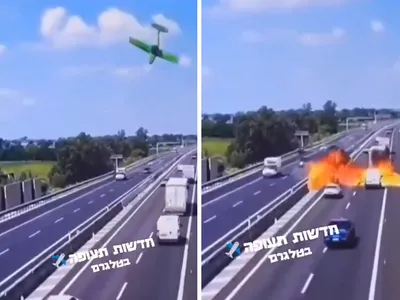 Momentul șocant în care un avion se prăbușește și explodează pe o autostrada din Italia - Foto: X/ @AsafGivoli - Captura foto