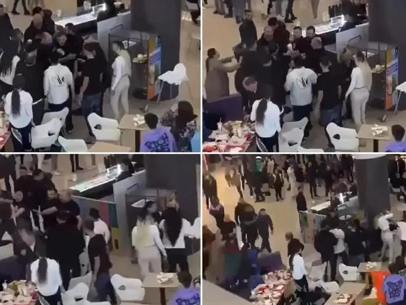 Bătaie, cu pumni, picioare și tăvi cu mâncare, la mall. Un bărbat rănit grav, 3 reținuți. - Foto: colaj/captură video