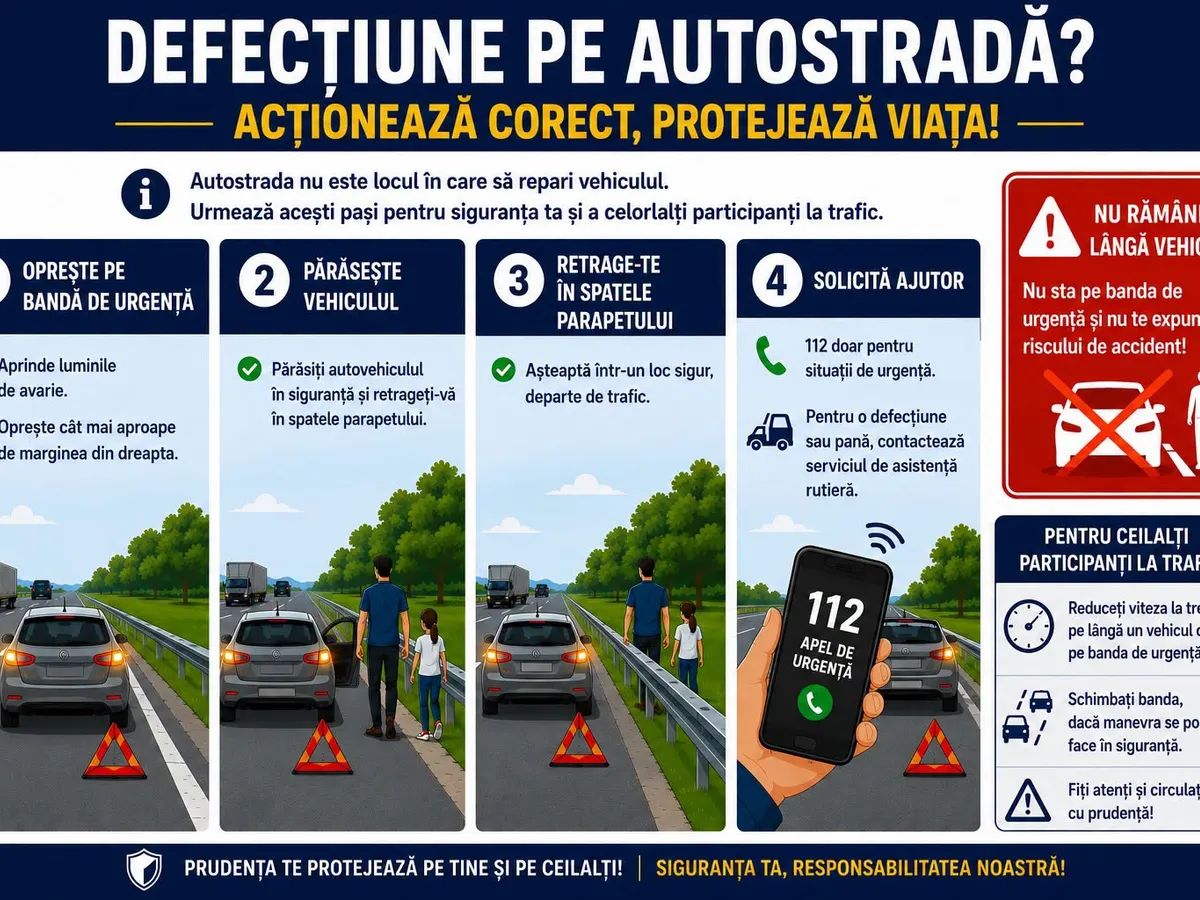 Oprirea mașinii pe autostradă este extrem de periculoasă, atât pentru ocupanți, cât și pentru ceilalți participanți la trafic - Foto: Facebook / DRDP Timişoara