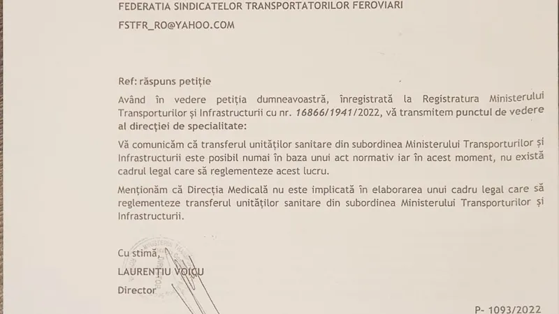 Răspunsul Direcției Comunicare din Ministerul Transporturilor la solicitarea sindicatelor Foto: NWR