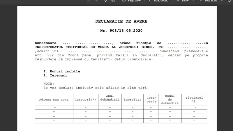 Declarație de avere fără nume. Sursa: ITM Bihor