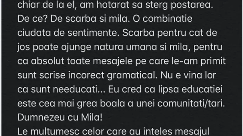 Mesajul Cristinei Stroe Foto: Facebook
