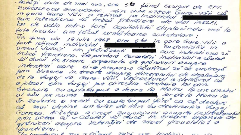 Iulie 1968, raport al ofițerului de grăniceri, care prinde un tânăr din Lugoj care voia să fugă peste graniță. Sursă: ACNSAS, fond Documentar, dosar nr. 9675, vol. 2, f. 266/ cnsas.ro
