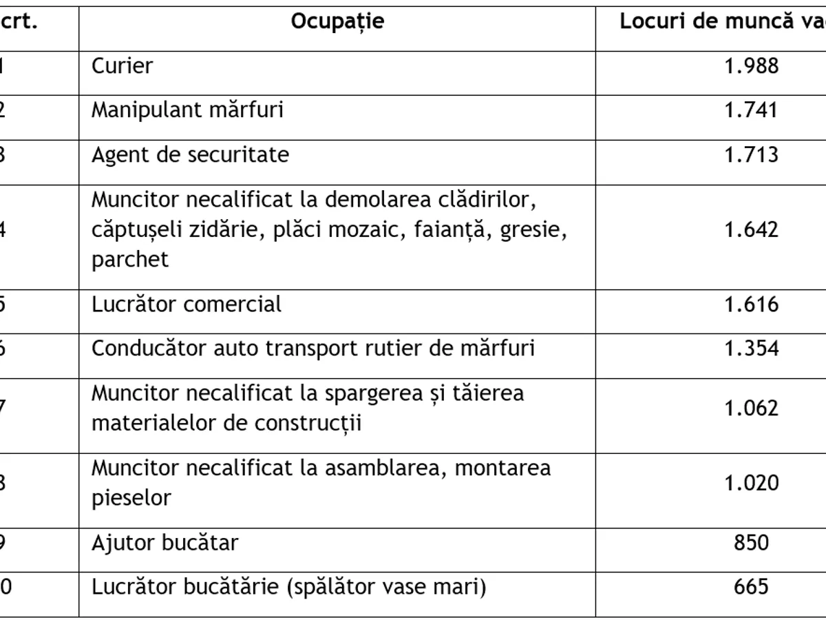 Primele zece ocupații din România cu cel mai mare număr de locuri de muncă disponibile