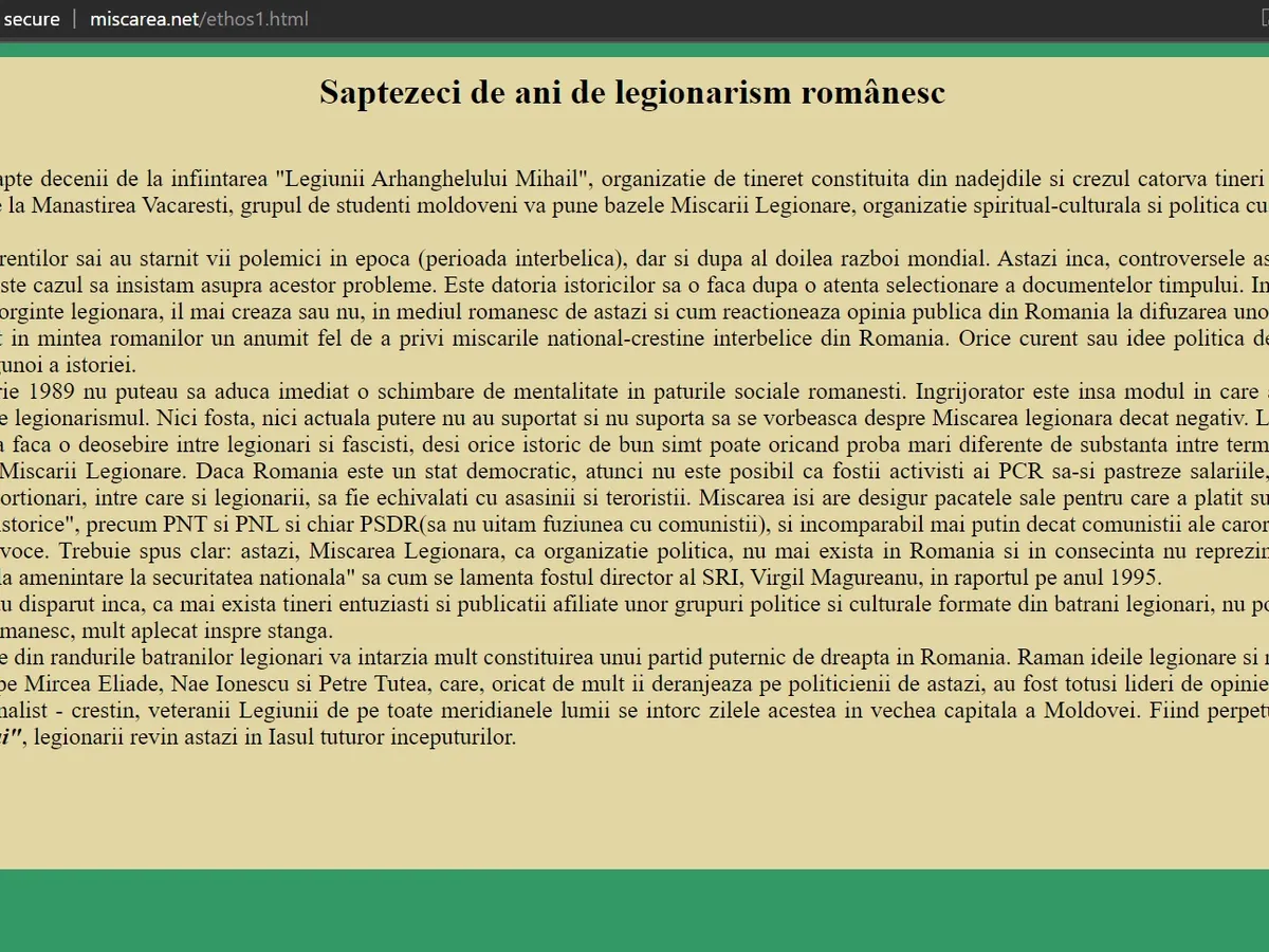 Articolul publicat de Albișteanu pe site-ul Mișcării Legionare