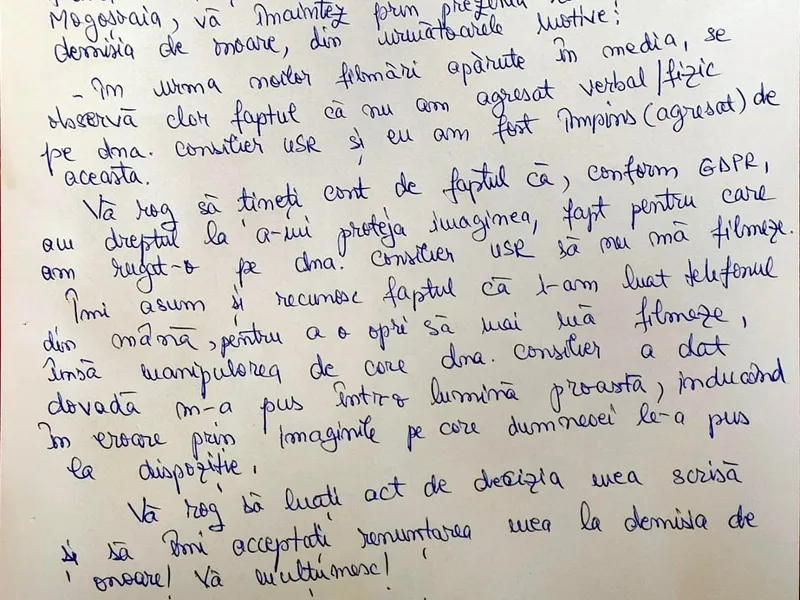 Cererea consilierului PMP de renunțare la demisia de onoare. Sursă: Facebook Oana Canbera