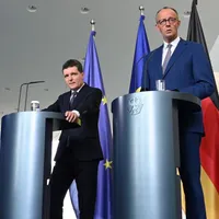 Friedrich Merz și Nicușor Dan, în conferință de presă, la Cancelaria Federală din Berlin - Foto: Profimedia Images