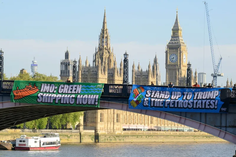 Pancarte ale activiștilor climatici la sediul Organizației Maritime Internaționale (OMI) din Londra - Foto: Profimedia Images