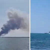 O navă rusească „Vasiliy Bykov”, lovită în nordul Crimeei. Un fum negru s-a înălțat spre cer/FOTO: Tiwtter/RoksolanaKrim/ Captura video