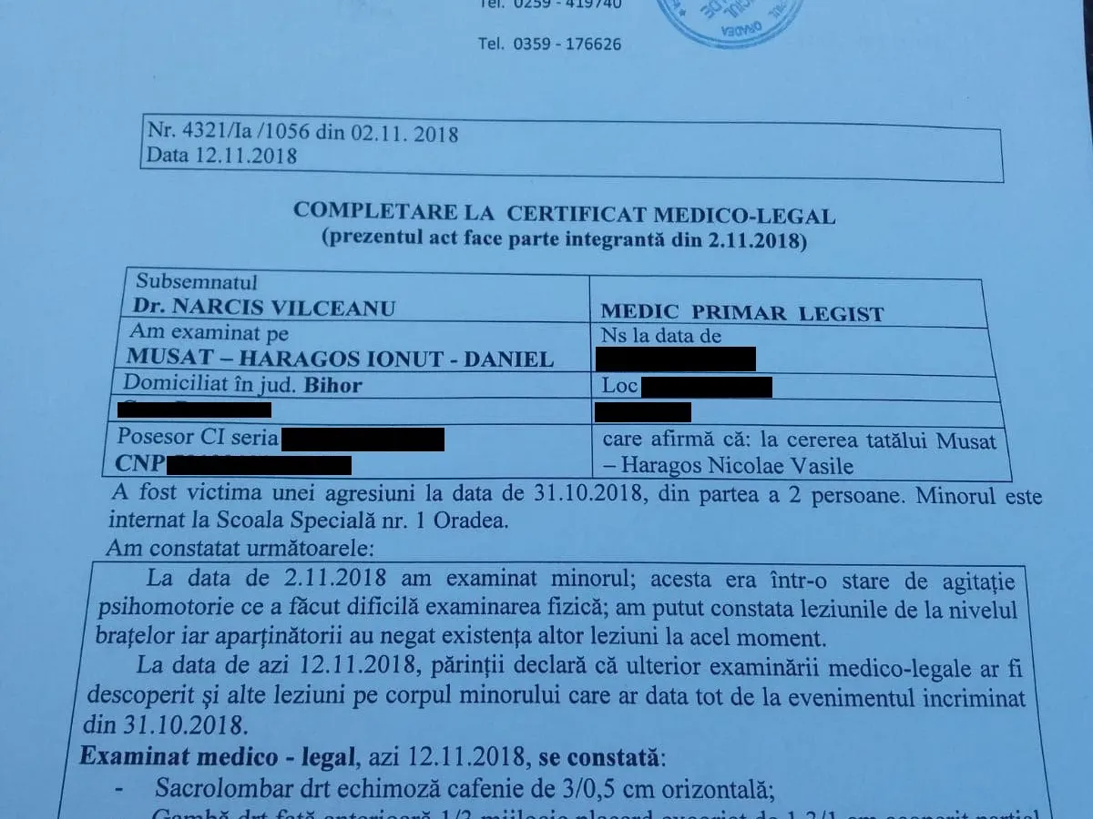 Certificat medico-legal. Fotografie trimisă de Nicolae Mușat-Haragoș