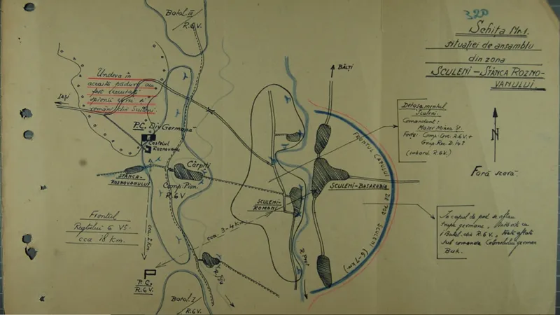 Iulie 1947 – Schița zonei Sculeni – Stȃnca pȃnă la 30 iunie 1941, ȋntocmită de către colonelul Ermil Matieș (comandantul Regimentului 6 Vȃnători) Sursa: USHMM/CNSAS, ds. P.636, vol. 54, f. 320.