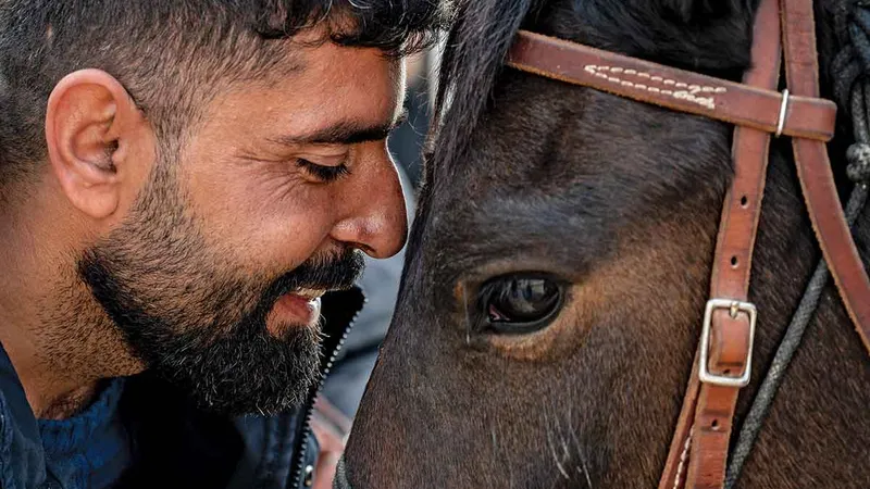 Yasser Haider, care s-a născut fără picioare, împărtășește un moment de tandrețe cu un cal, la centrul ecvestru al Fundației Springs of Hope din Shariya