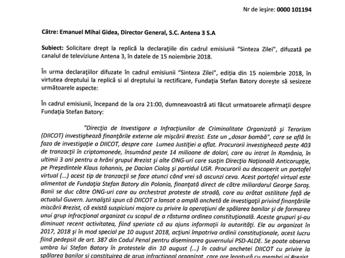 Dreptul la replică al Fundației „Stefan Batory” trimis Antenei 3. FOTO: #Rezistența