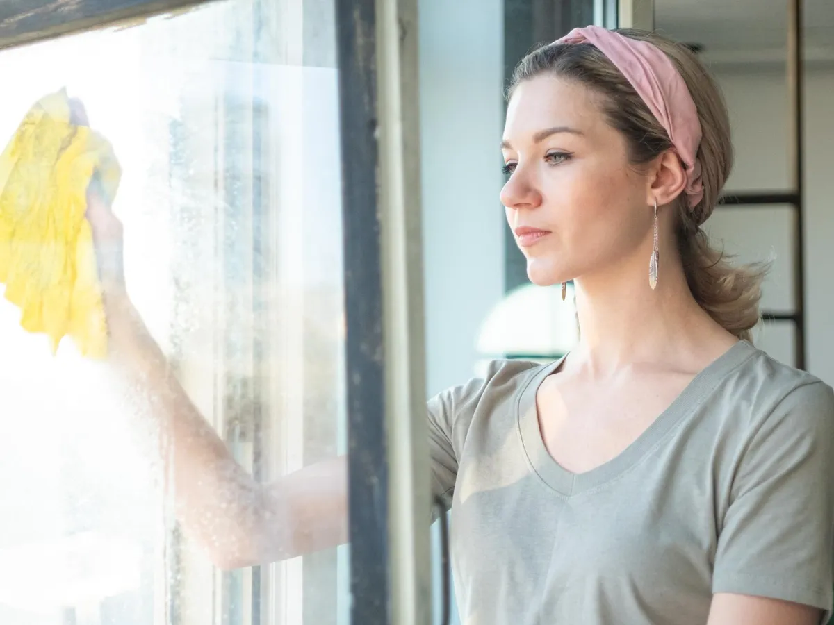 Femeie care curăță geamul acasă - Foto: Freepik (rol ilustrativ)