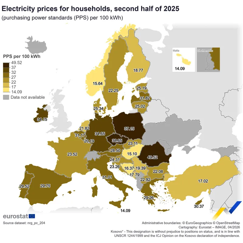 Prețurile energiei electrice &icirc;n UE raportate la PPS - Foto: ec.europa.eu