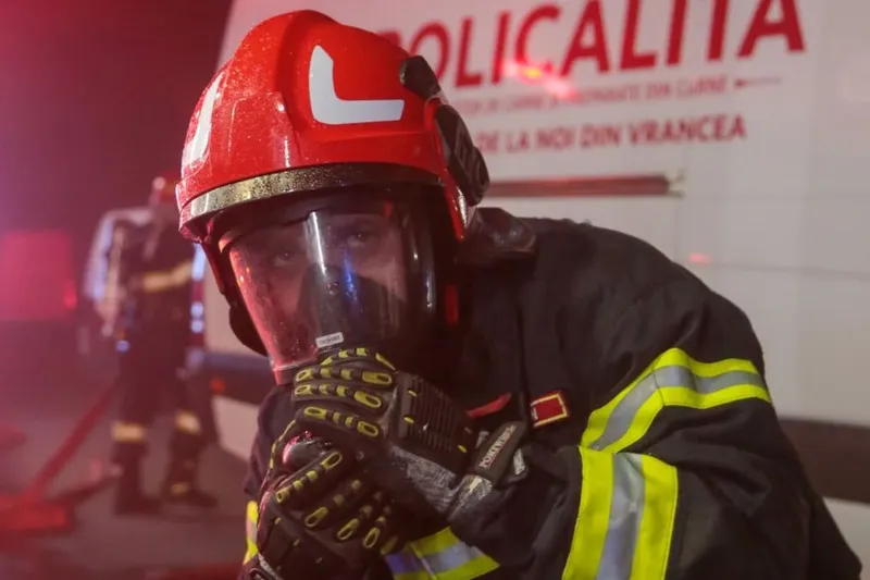 Pompier de la ISUBIF, în timpul intervenţiei de aseară - Foto: Facebook/ISUBIF