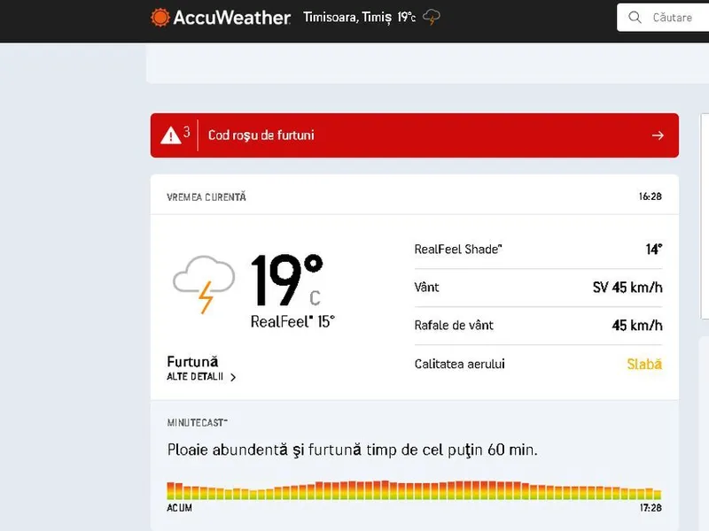 Situaţia vremii acum, în Timişoara - Foto: printscreen Accu Weather