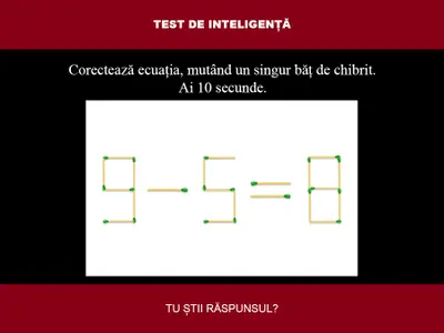 TEST DE INTELIGENȚĂ Corectează ecuația 9-5=8, mutând un singur băț de chibrit. Ai 10 secunde - Foto: Colaj Newsweek / mindyourlogic.com