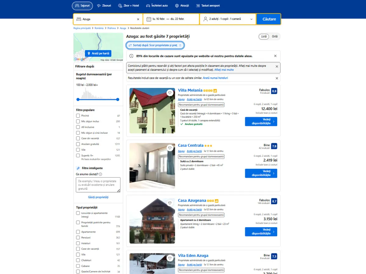 Tarife cazare Azuga, februarie 2026 - Foto: captură ecran Booking