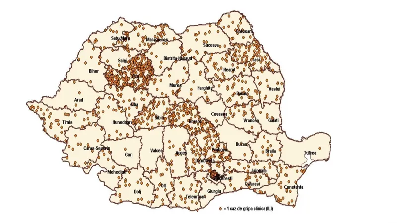 Harta cazurilor de îmbolnăvire cu virus gripa. Sursa: Institutul Național de Sănătate Publică