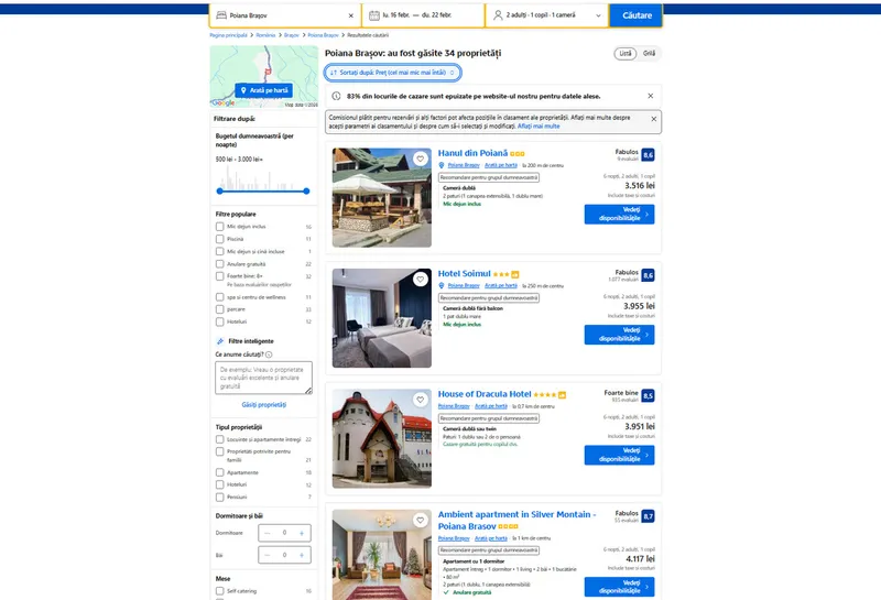 Tarife cazare Poiana Brașov, februarie 2026 - Foto: captură Booking