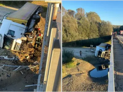 Accident grav în Vâlcea, pe DN 7: Un TIR încărcat cu gresie a căzut de pe un pod - Foto: ISU Vâlcea