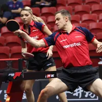 Românii Bernadette Szocs şi Ovidiu Ionescu, în semifinale, la dublu mixt, la Jocurile Europene - Foto: Facebook/Federația Română de Tenis de Masă