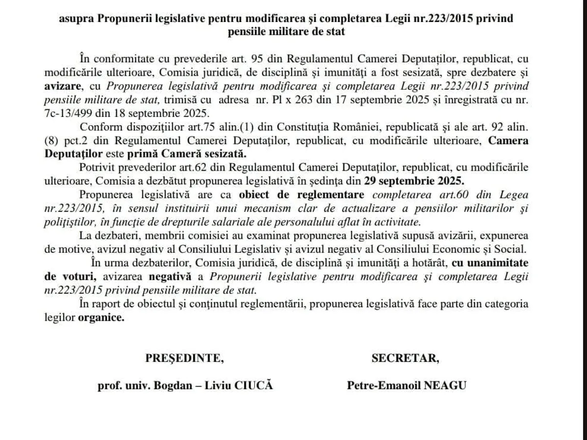 Aviz negativ pe Proiect de lege carear crește pensiile militare - Foto: Cdep